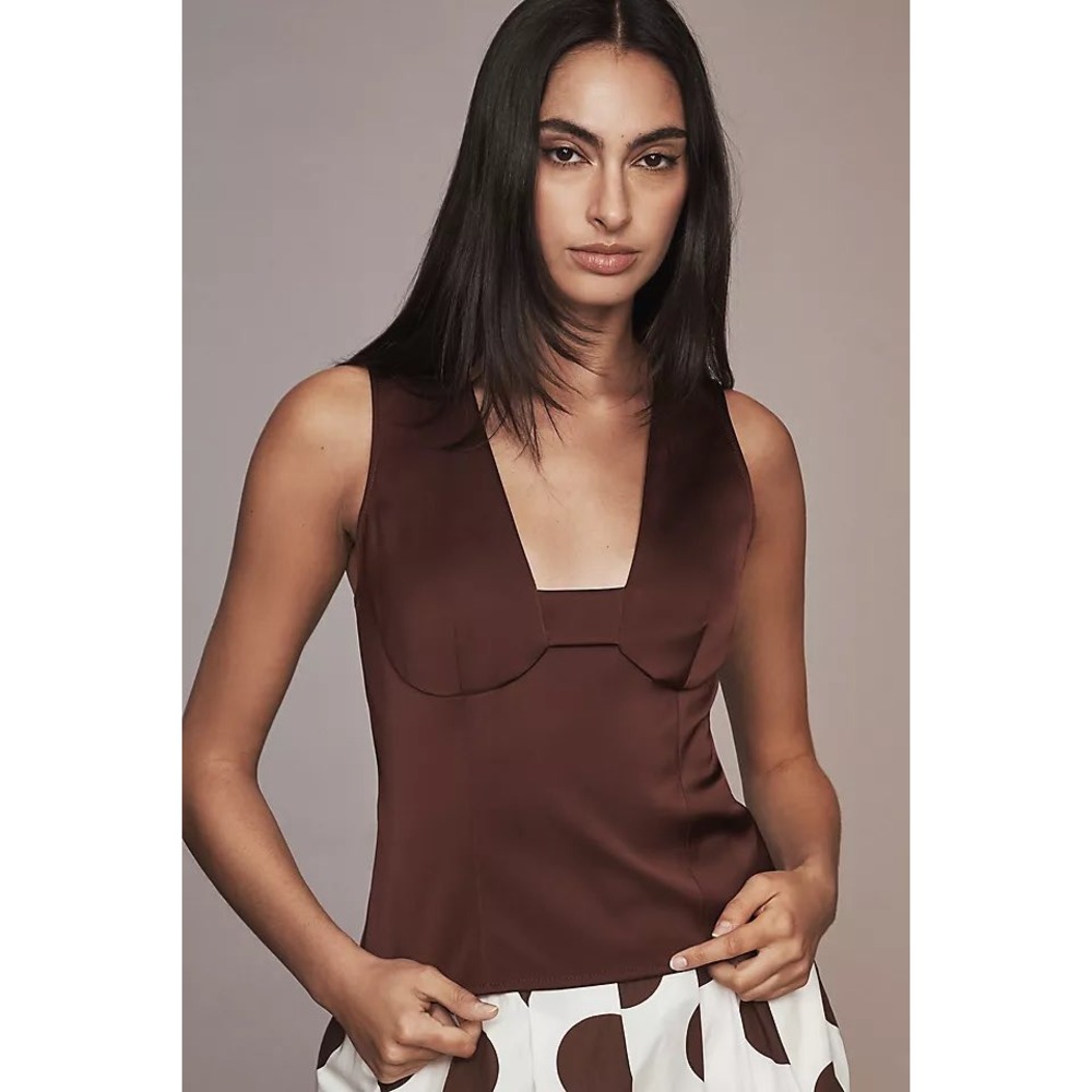 Maeve Anthropologie Sleeveless Plunge Neck Satin Top Brown Size 8